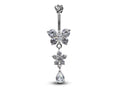 Butterfly Dangle Belly Ring: CZ Crystal Navel Piercing, 16g