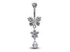 Butterfly Dangle Belly Ring: CZ Crystal Navel Piercing, 16g