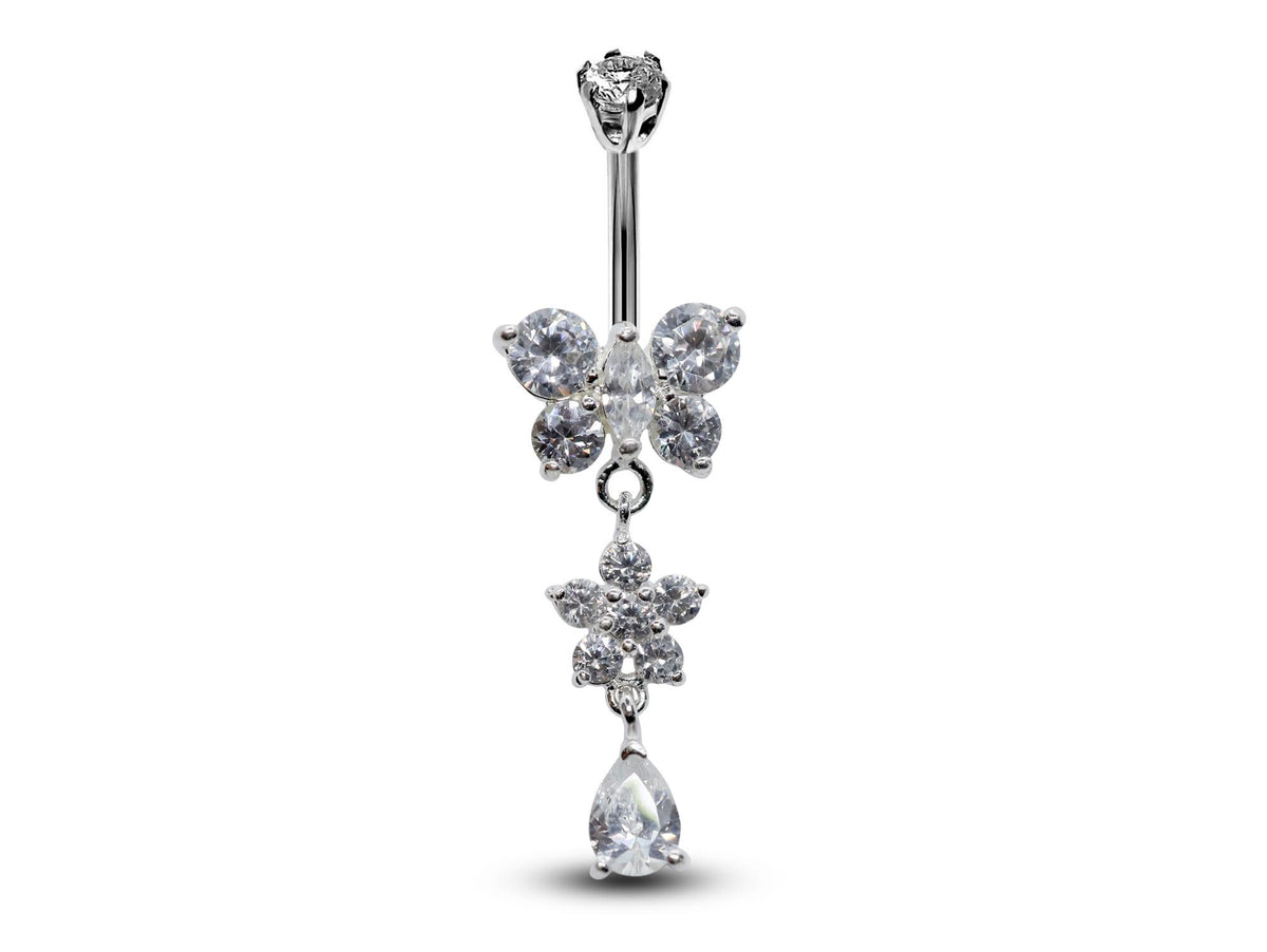 Butterfly Dangle Belly Ring: CZ Crystal Navel Piercing, 16g