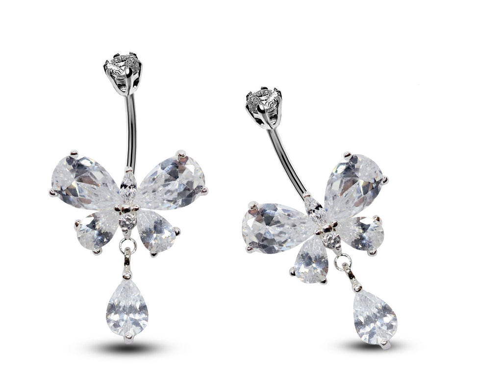 Butterfly Dangle Belly Ring: Surgical Steel Navel Bar with CZ Crystals