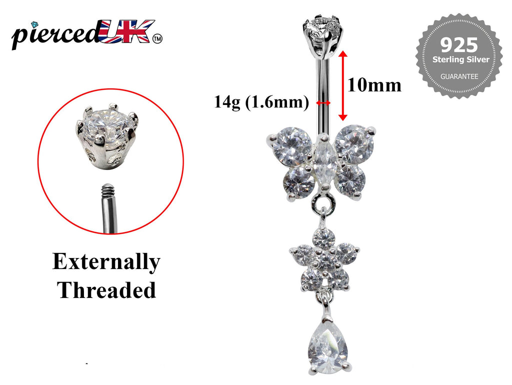 Butterfly Dangle Belly Ring: CZ Crystal Navel Piercing, 16g