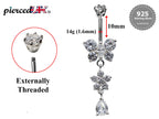 Butterfly Dangle Belly Ring: CZ Crystal Navel Piercing, 16g