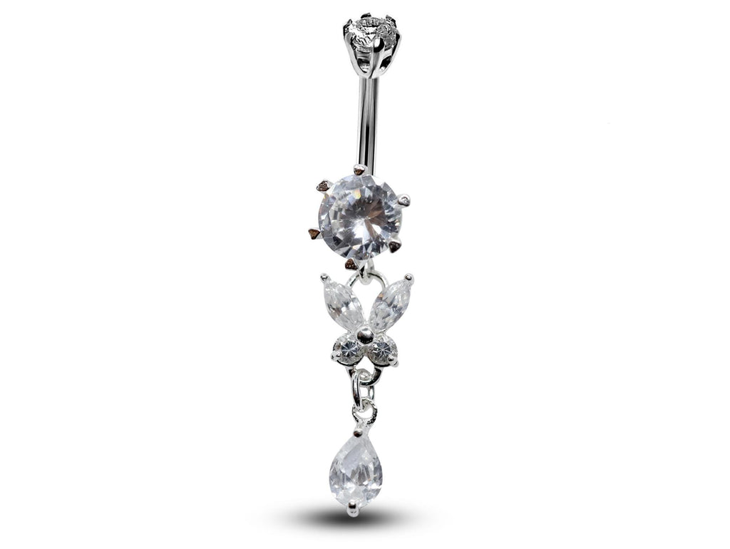 Silver Butterfly Dangle Belly Bar: CZ Crystal Navel Ring (16g, 8mm)