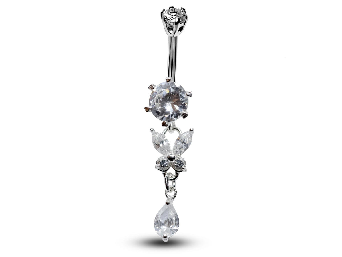 Silver Butterfly Dangle Belly Bar: CZ Crystal Navel Ring (16g, 8mm)