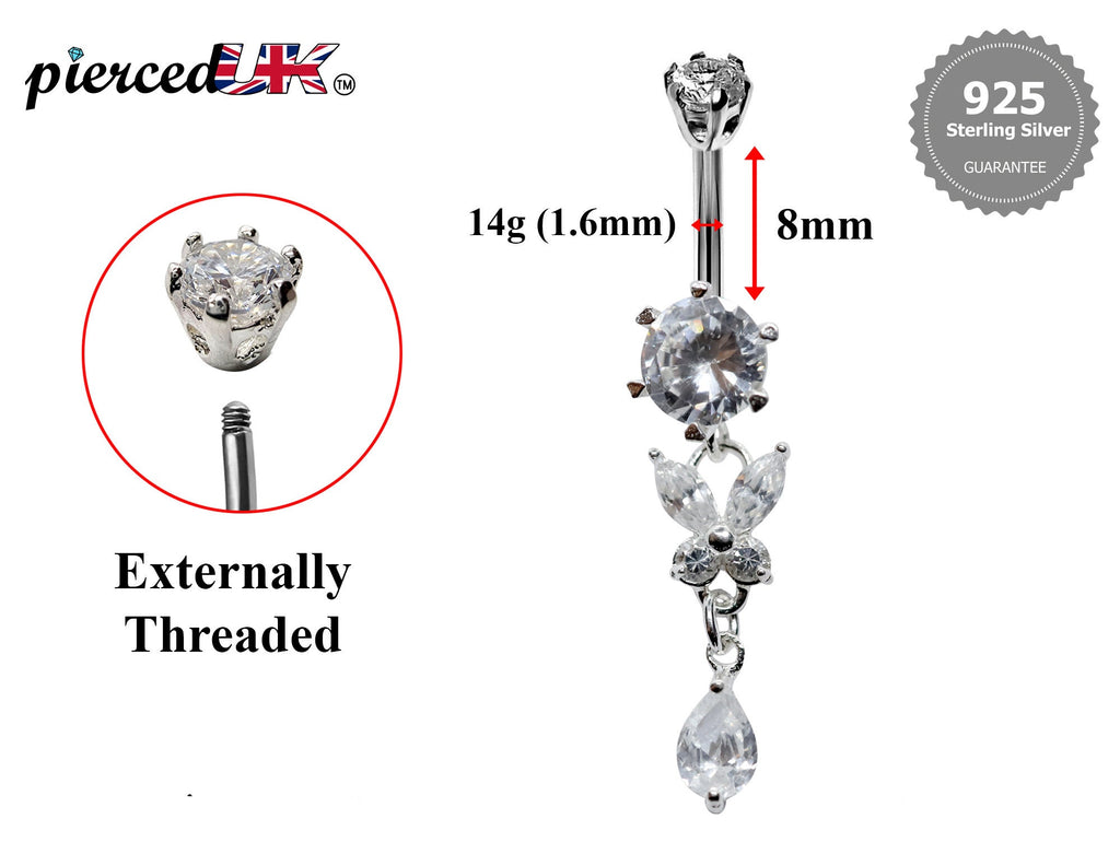 Silver Butterfly Dangle Belly Bar: CZ Crystal Navel Ring (16g, 8mm)