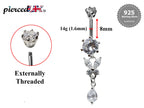 Silver Butterfly Dangle Belly Bar: CZ Crystal Navel Ring (16g, 8mm)