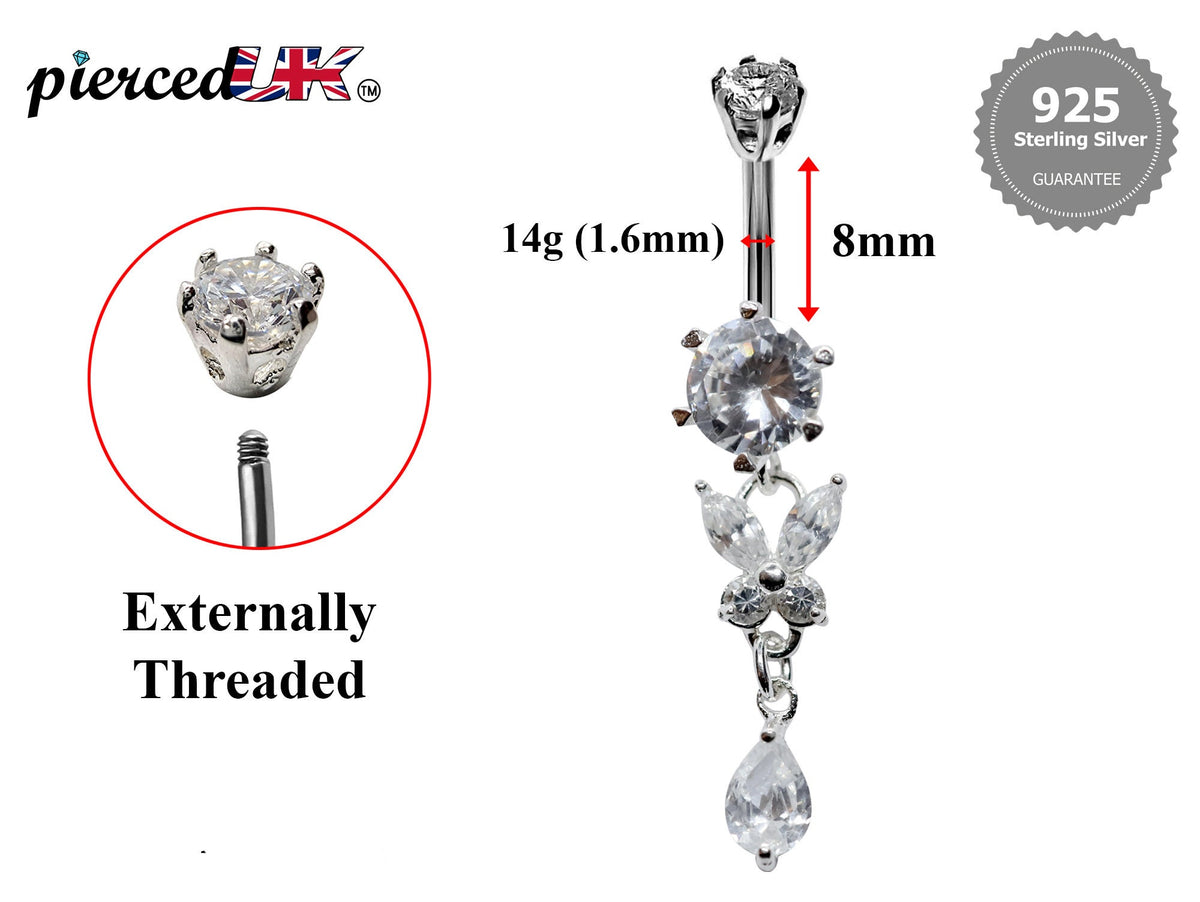 Silver Butterfly Dangle Belly Bar: CZ Crystal Navel Ring (16g, 8mm)