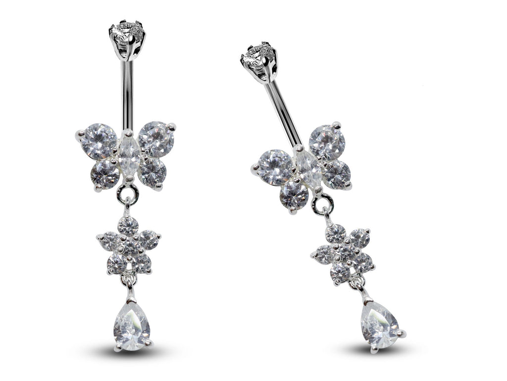 Butterfly Dangle Belly Ring: CZ Crystal Navel Piercing, 16g