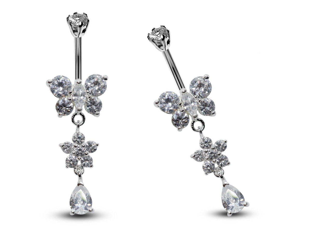 Butterfly Dangle Belly Ring: CZ Crystal Navel Piercing, 16g