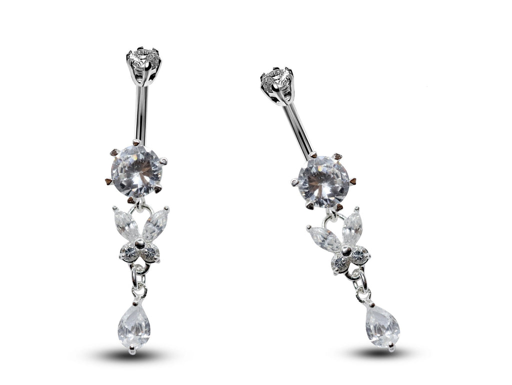 Silver Butterfly Dangle Belly Bar: CZ Crystal Navel Ring (16g, 8mm)