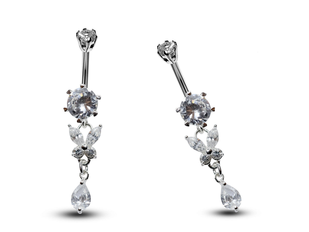Silver Butterfly Dangle Belly Bar: CZ Crystal Navel Ring (16g, 8mm)