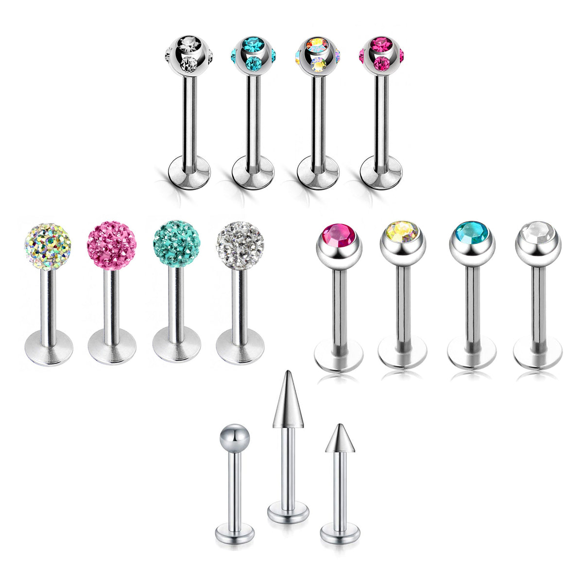 Custom Surgical Steel Labret Lip Piercing: 16g/14g, Spike, Gem, Ball