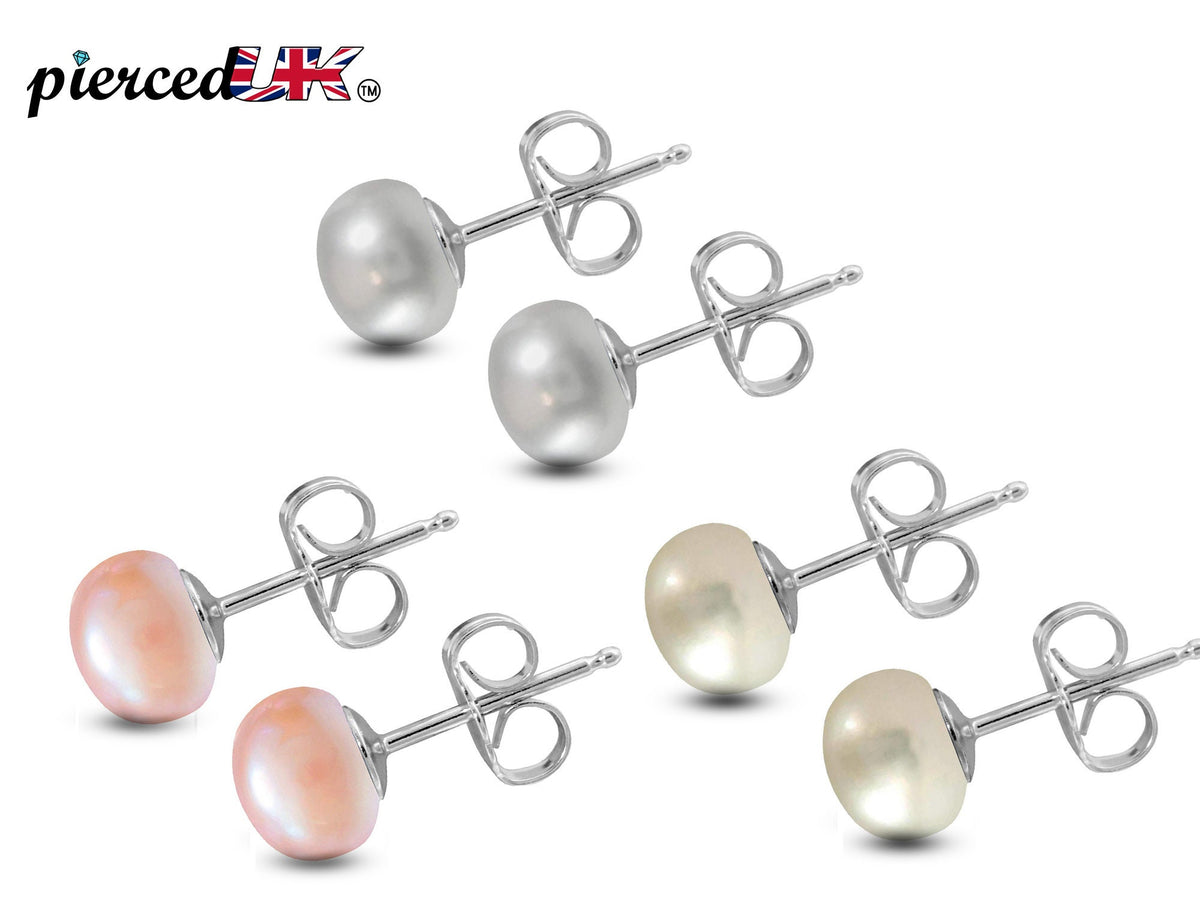 Freshwater Pearl Stud Earrings: White, Peach, Grey - Surgical Steel