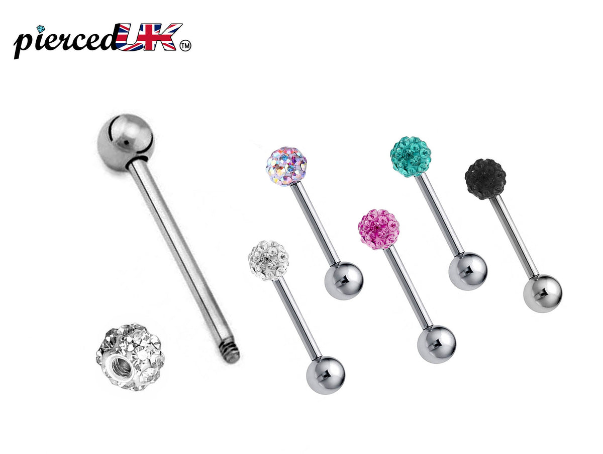 Surgical Steel Barbell Piercing: Crystal Ball Tongue/Nipple/Ear Stud (20g-14g)