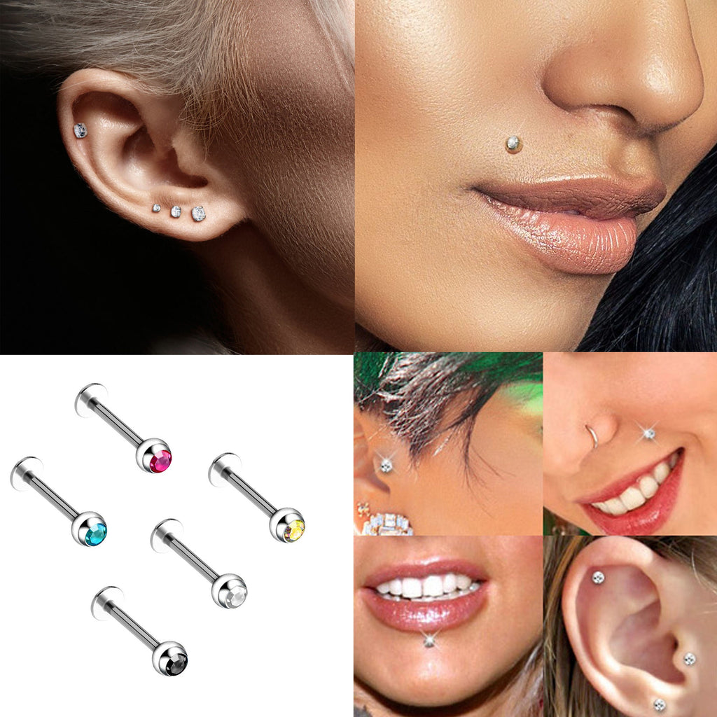 Titanium Labret Piercing: Gem Crystal Ball, Flatback Lip Jewelry (18g 16g 14g)
