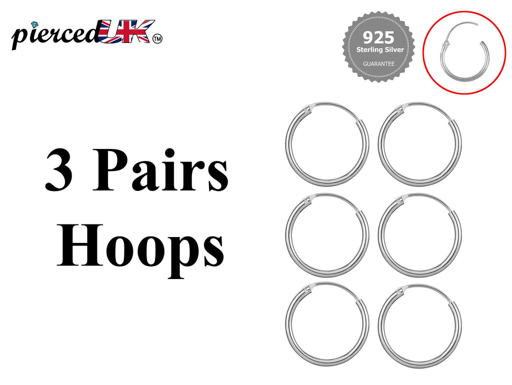 Sterling Silver Hoop Earrings: 3 Pairs, Cartilage, Tragus, Conch (8mm-60mm)