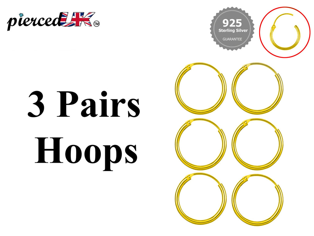 Sterling Silver Hoop Earrings: 3 Pairs, Cartilage, Tragus, Conch (8mm-60mm)