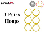 Sterling Silver Hoop Earrings: 3 Pairs, Cartilage, Tragus, Conch (8mm-60mm)