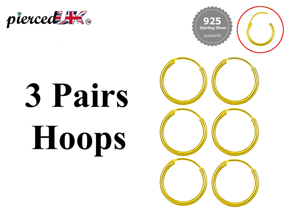 Sterling Silver Hoop Earrings: 3 Pairs, Cartilage, Tragus, Conch (8mm-60mm)