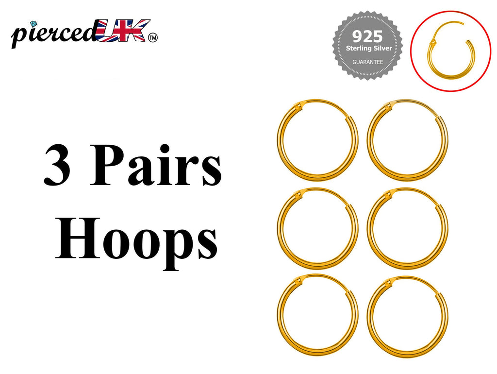 Sterling Silver Hoop Earrings: 3 Pairs, Cartilage, Tragus, Conch (8mm-60mm)