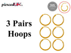 Sterling Silver Hoop Earrings: 3 Pairs, Cartilage, Tragus, Conch (8mm-60mm)
