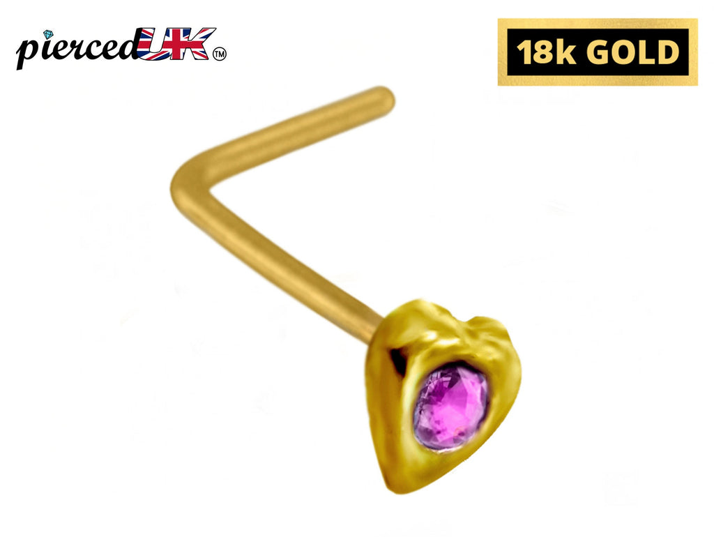18K Solid Gold Nose Pin: Heart L-Shape with AAA Crystals