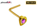 18K Solid Gold Nose Pin: Heart L-Shape with AAA Crystals