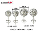 Crystal Ball Stud Earrings: Sterling Silver Bling, 6mm & 8mm (2 Pairs)