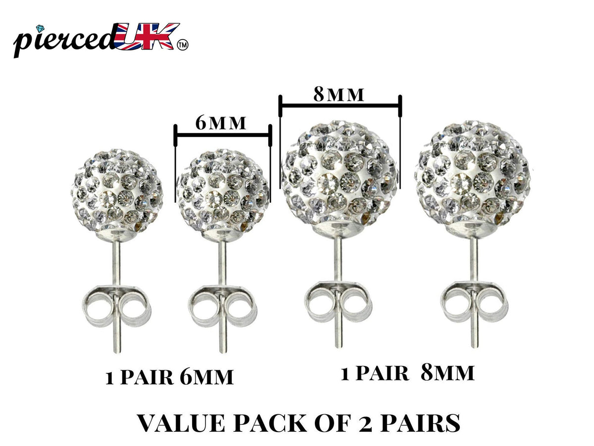 Crystal Ball Stud Earrings: Sterling Silver Bling, 6mm & 8mm (2 Pairs)