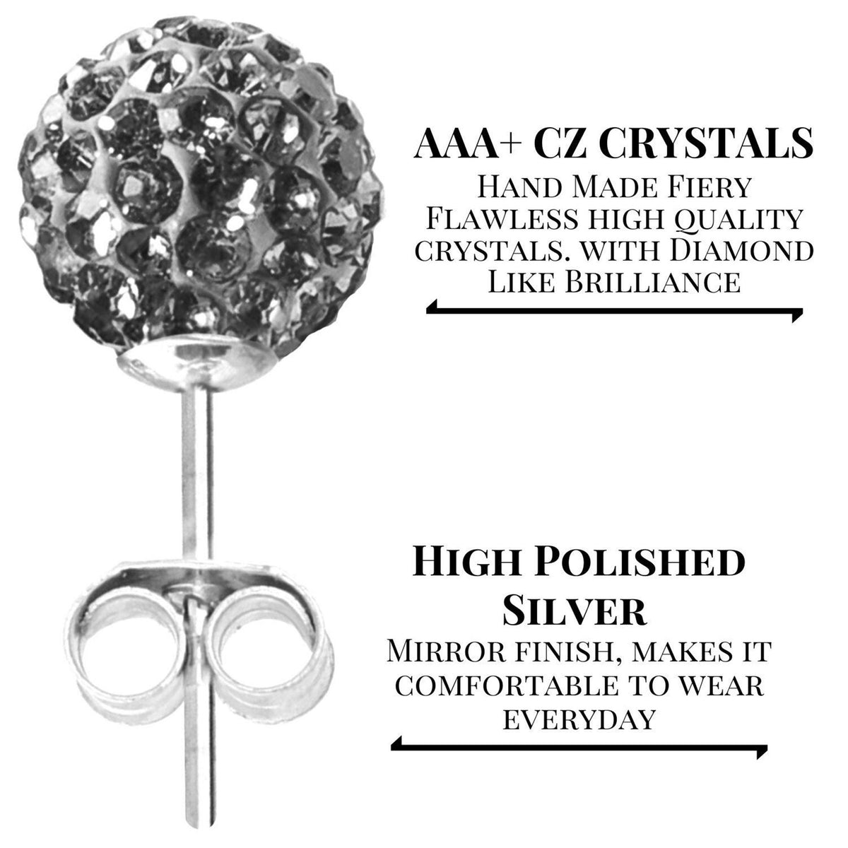 Crystal Ball Stud Earrings: Sterling Silver Bling, 6mm & 8mm (2 Pairs)