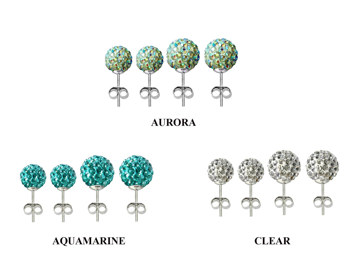Crystal Ball Stud Earrings: Sterling Silver Bling, 6mm & 8mm (2 Pairs)
