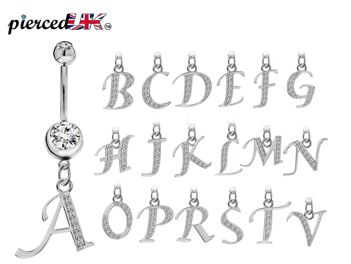 Sterling Silver Initial Belly Bar: Dangle Alphabet Navel Ring