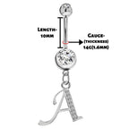 Sterling Silver Initial Belly Bar: Dangle Alphabet Navel Ring