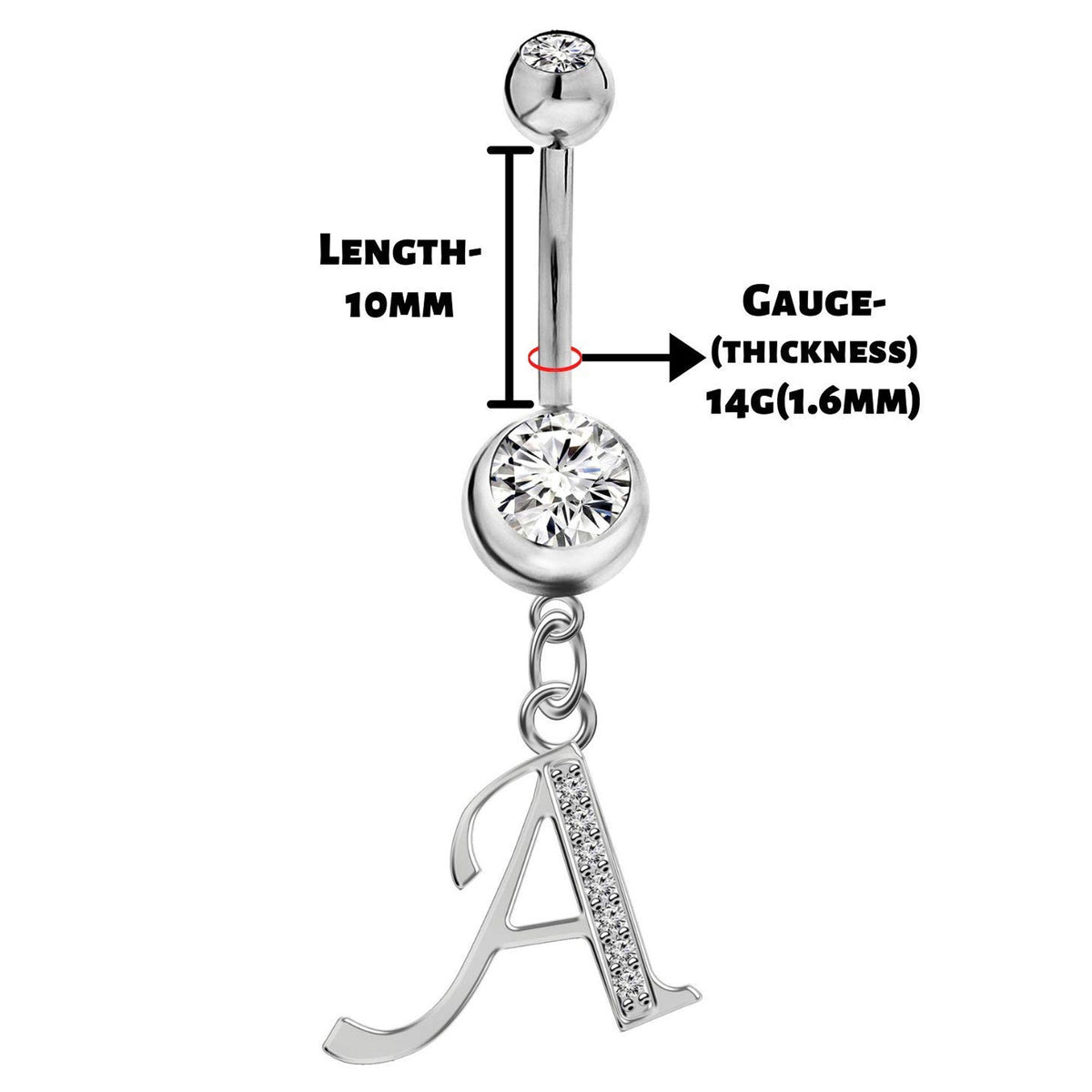 Sterling Silver Initial Belly Bar: Dangle Alphabet Navel Ring