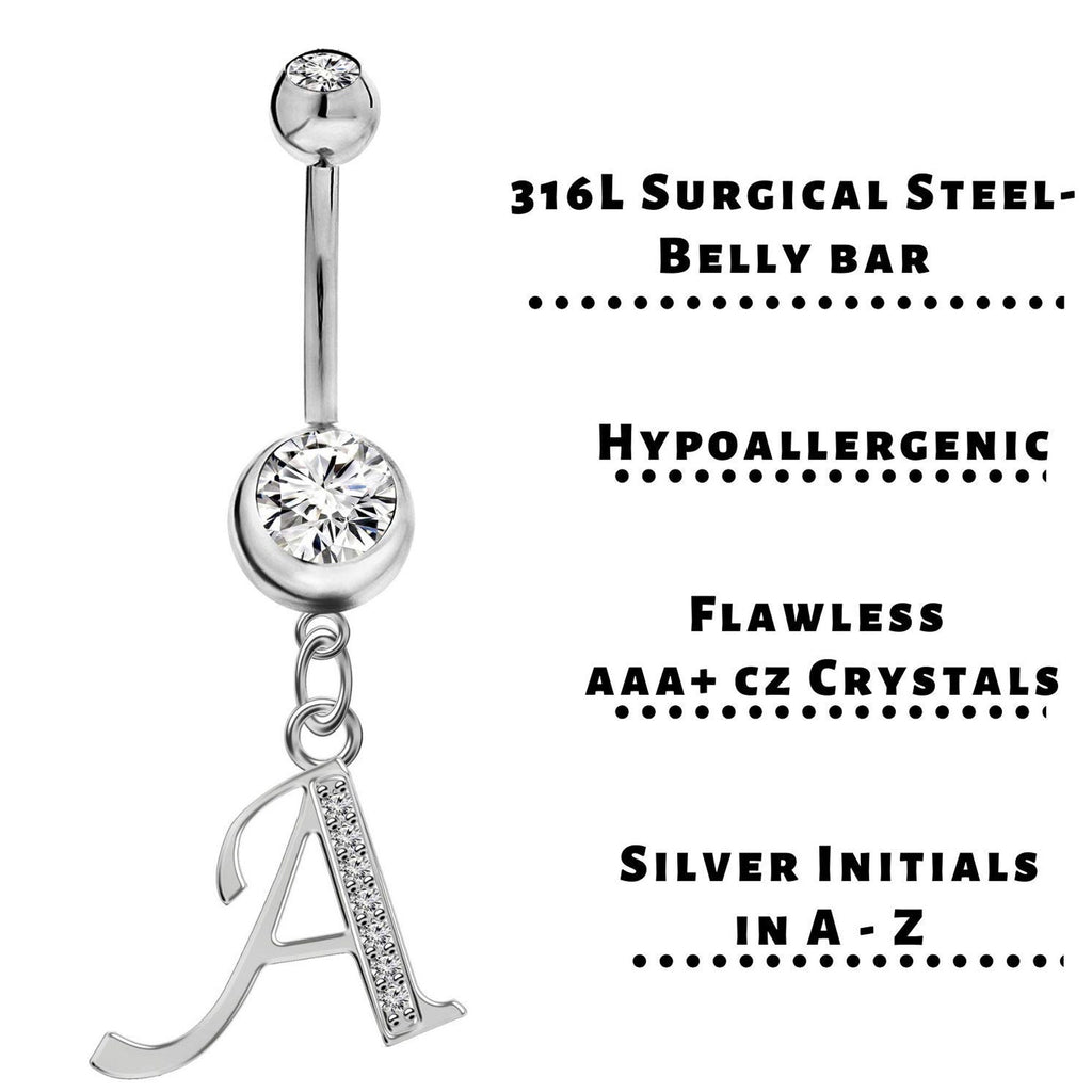 Sterling Silver Initial Belly Bar: Dangle Alphabet Navel Ring