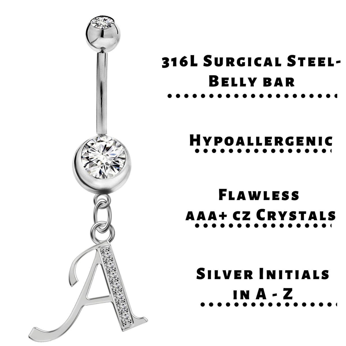 Sterling Silver Initial Belly Bar: Dangle Alphabet Navel Ring