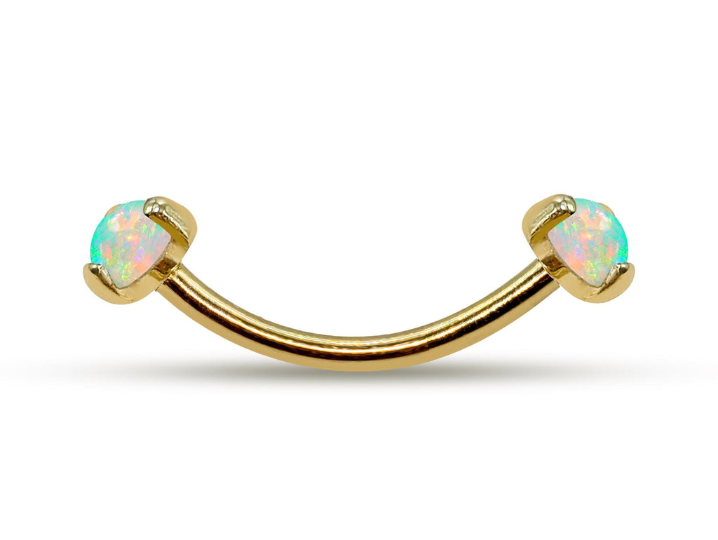 14K Gold Internal Curved Barbell with Prong Set Opal Stone, Eyebrow Piercing, Cartilage Stud, Belly Ring - 16G Body Jewellery Gold Bent Bar