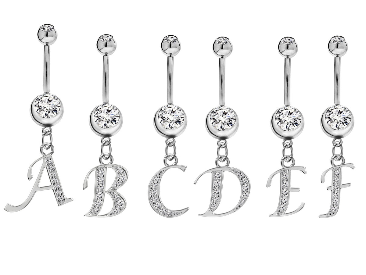 Sterling Silver Initial Belly Bar: Dangle Alphabet Navel Ring