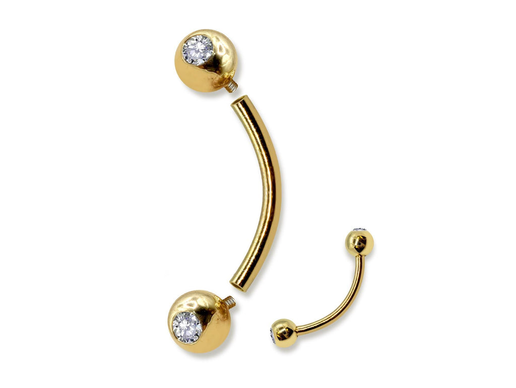 14K Gold Eyebrow Piercing Internally Threaded Curved Barbell with Gem Balls Cartilage Stud - 16G Body Jewellery Gold Bent Bar