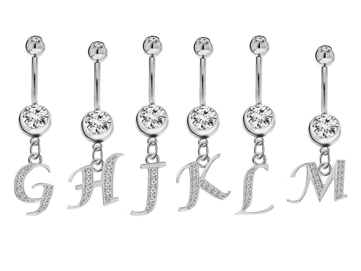 Sterling Silver Initial Belly Bar: Dangle Alphabet Navel Ring