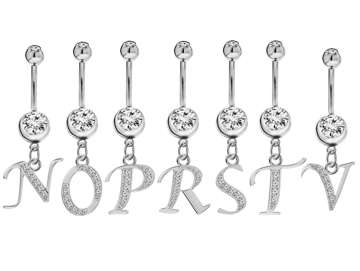 Sterling Silver Initial Belly Bar: Dangle Alphabet Navel Ring