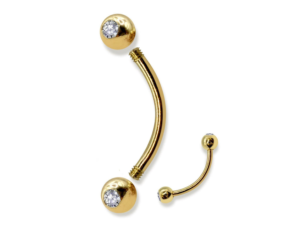 14K Gold Curved Barbell Piercing, Eyebrow Piercing with Gem Balls Cartilage Studs, Belly Ring - 16G Body Jewellery Gold Bent Bar