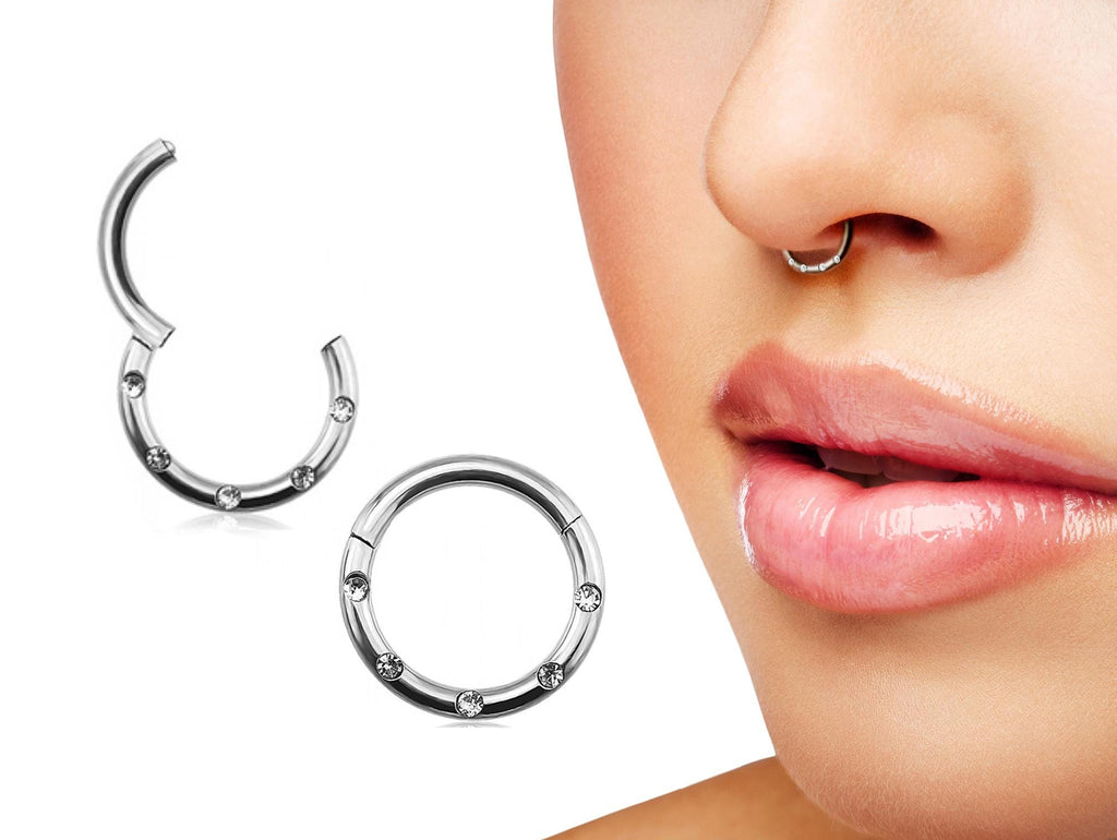 Titanium Clicker Nose Hinged Ring with CZ Crystals - 14G Hoops Piercing Also for Daith, Helix, Cartilage and Lip Piercing