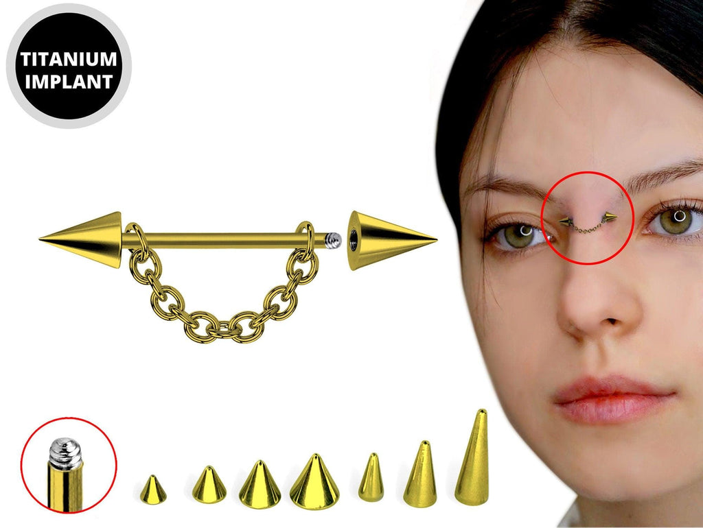 Titanium Gold Cone / Spike Nose Bridge Barbell Upper Nose Piercing with Steel Chain - 16G 14G Straight Barbell - Choose Spike and Cone Size