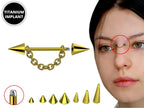 Titanium Gold Cone / Spike Nose Bridge Barbell Upper Nose Piercing with Steel Chain - 16G 14G Straight Barbell - Choose Spike and Cone Size