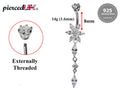 Silver Dangle Flower Belly Bars, Navel Ring - Drop Belly Ring with High Quality CZ Crystals - Curved Barbell - 16g (1.6mm) Length is 8mm