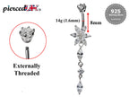 Silver Dangle Flower Belly Bars, Navel Ring - Drop Belly Ring with High Quality CZ Crystals - Curved Barbell - 16g (1.6mm) Length is 8mm