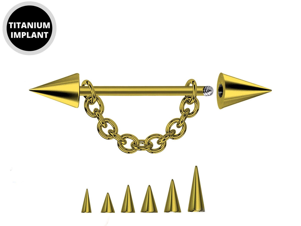 Titanium Gold Cone / Spike Nose Bridge Barbell Upper Nose Piercing with Steel Chain - 16G 14G Straight Barbell - Choose Spike and Cone Size