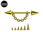 Titanium Gold Cone / Spike Nose Bridge Barbell Upper Nose Piercing with Steel Chain - 16G 14G Straight Barbell - Choose Spike and Cone Size