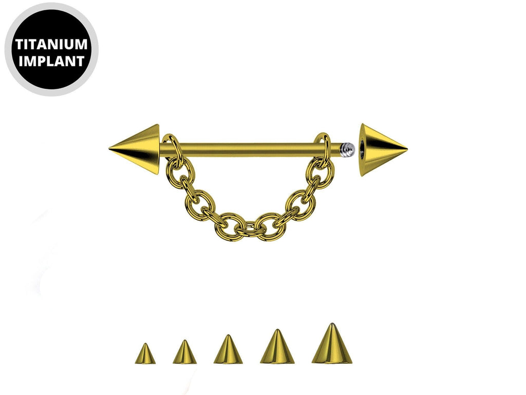 Titanium Gold Cone / Spike Nose Bridge Barbell Upper Nose Piercing with Steel Chain - 16G 14G Straight Barbell - Choose Spike and Cone Size